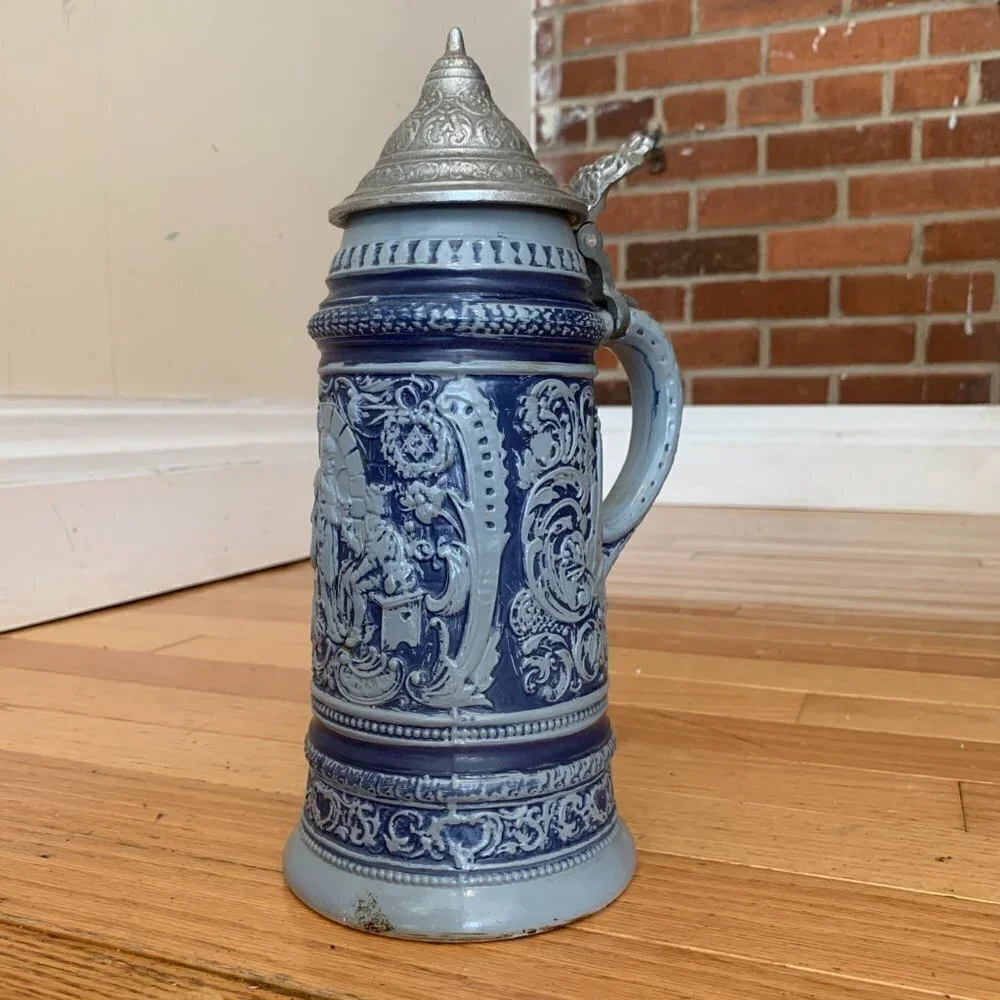 Vintage German Beer Stein Handgemalt with Pewter Lid